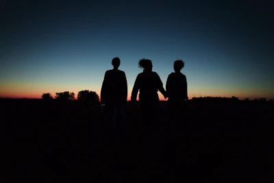 Silhouettes of three people against a twilight sky