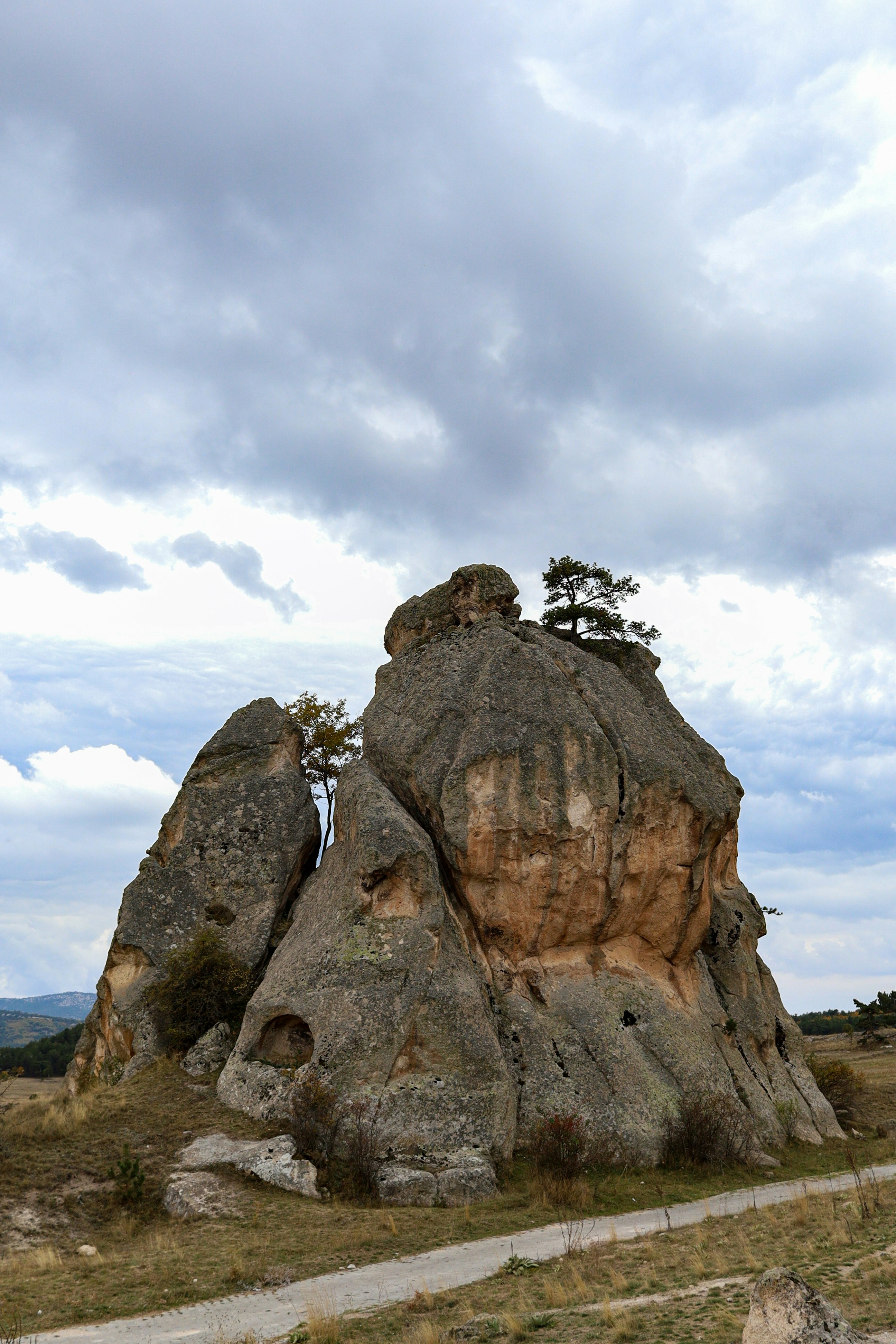 Große Felsformationen mit Bäumen unter bewölktem Himmel