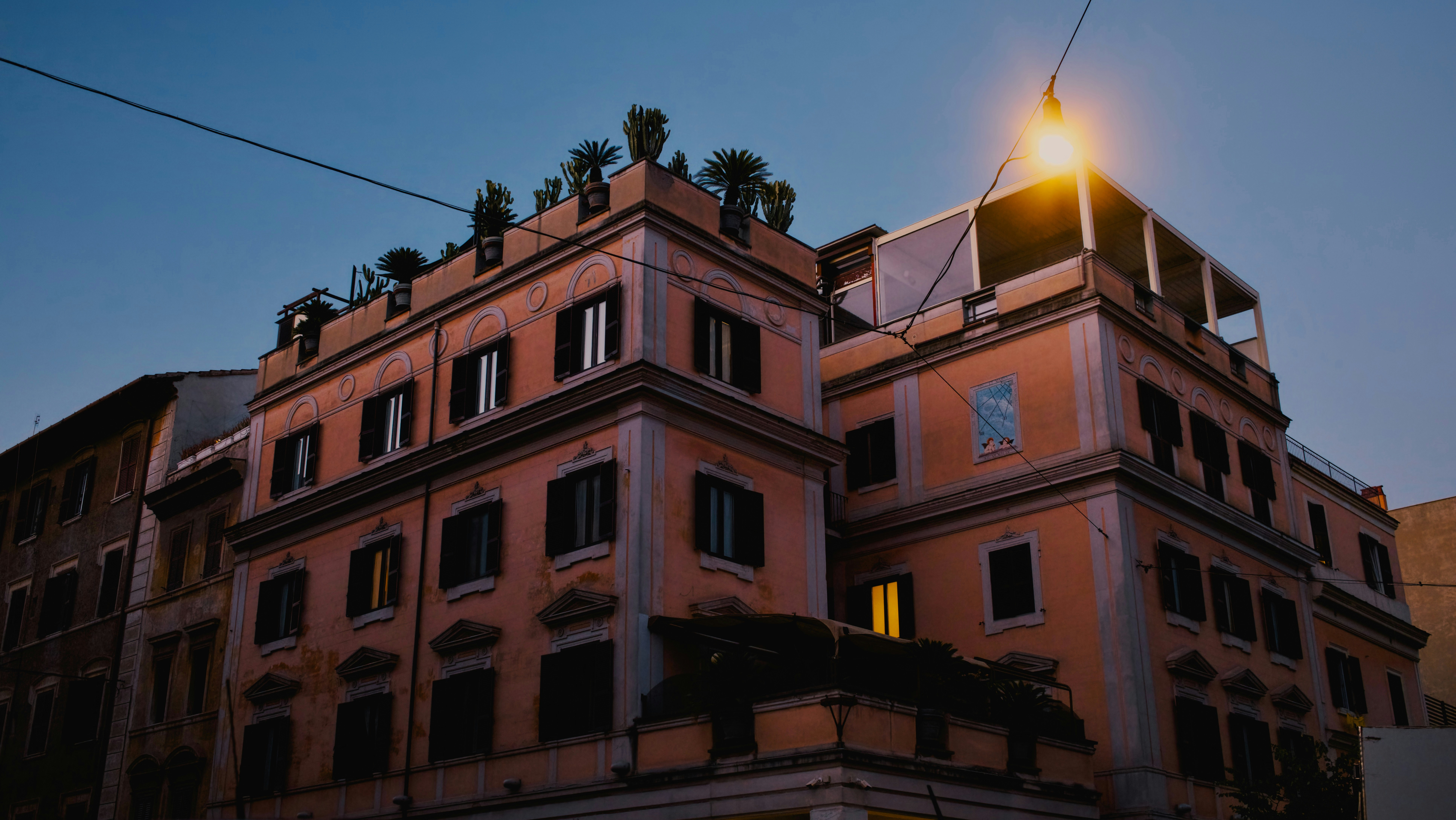 Ornate building with rooftop plants at dusk.