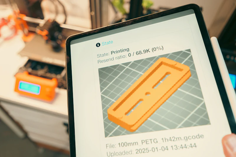 Tablet showing a 3D print job next to a printer
