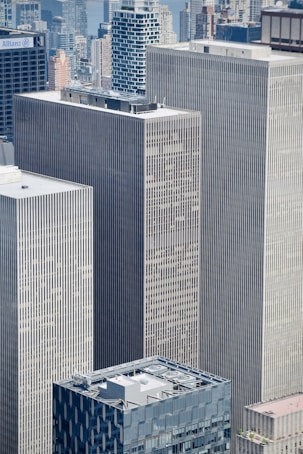 Modern skyscrapers in a dense urban cityscape