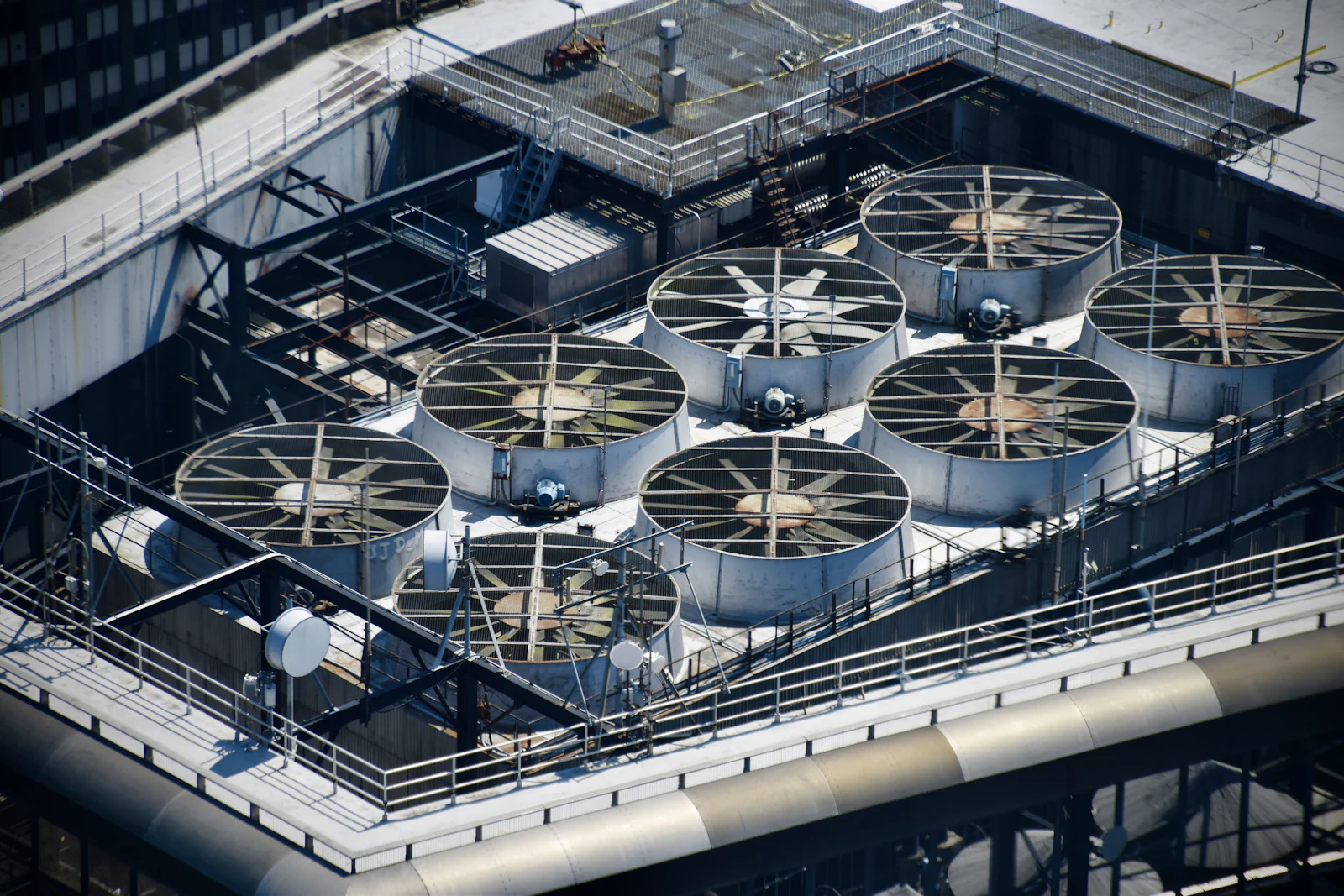 Aerial view of cooling tower fans serving a chilled water plant