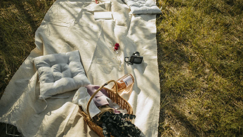 Picnic blanket and basket on green grass in a park