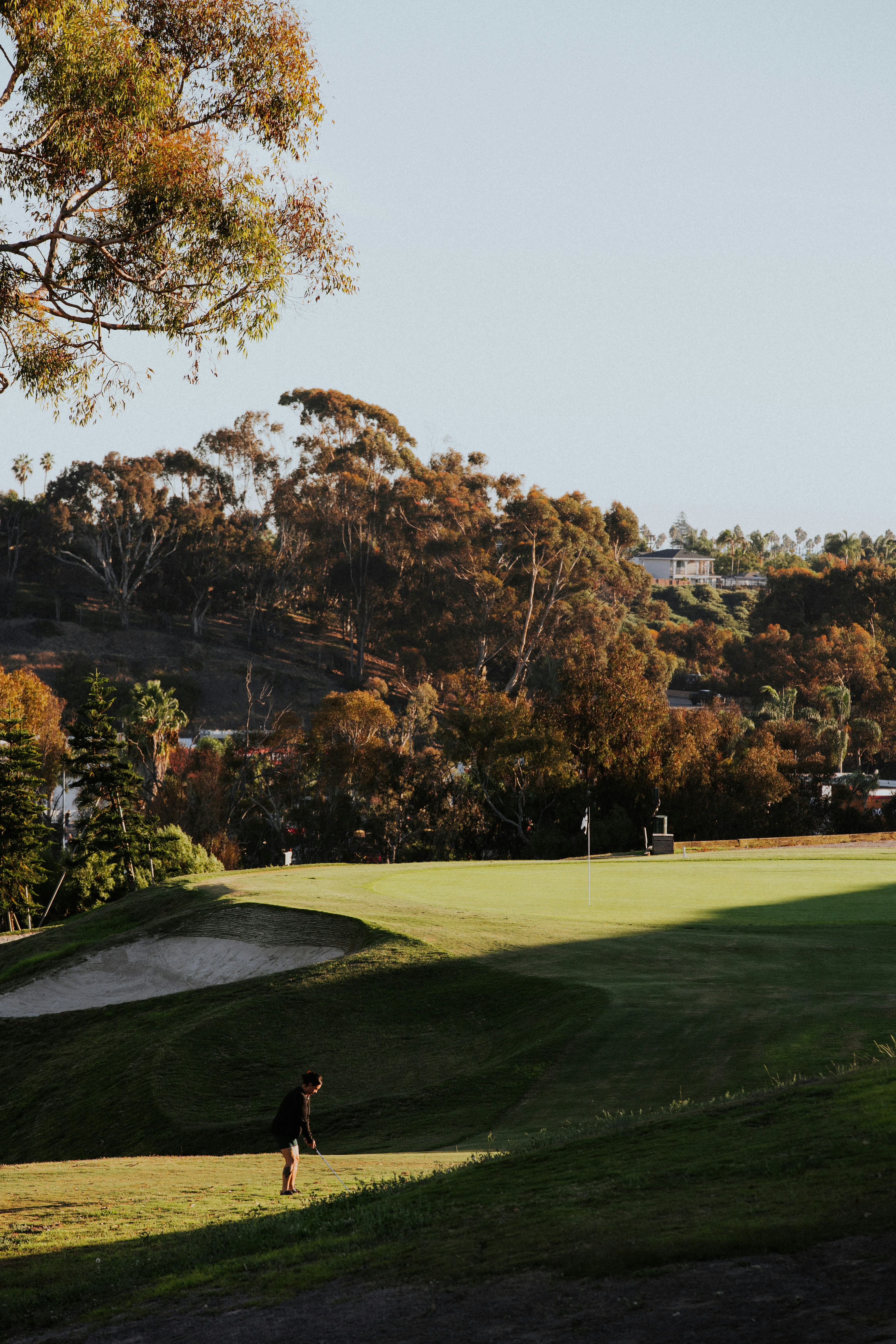 Golfer hitting a ball on a sunny course