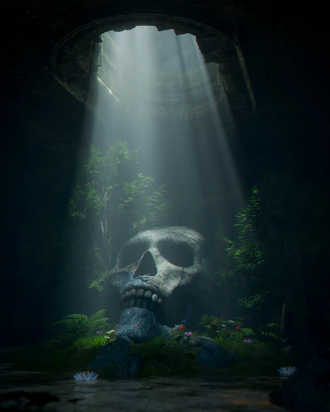 Giant skull in dark forest with light beams.