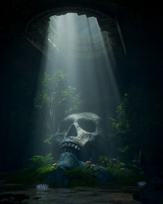 Giant skull in dark forest with light beams.