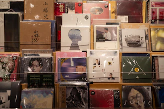 Wall display of assorted cds and records.
