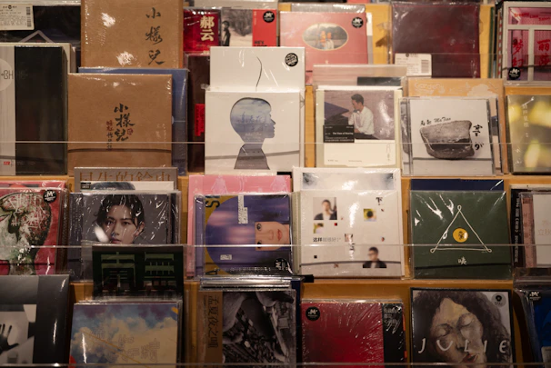 Wall display of assorted cds and records.