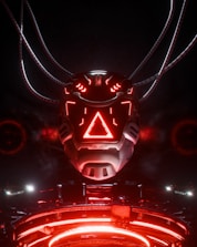 Futuristic robot head with glowing red triangle symbol.