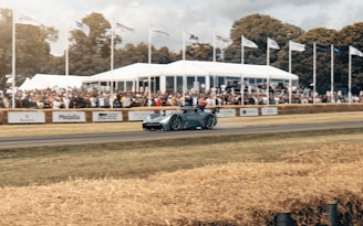 Race car speeds past spectators at an outdoor event