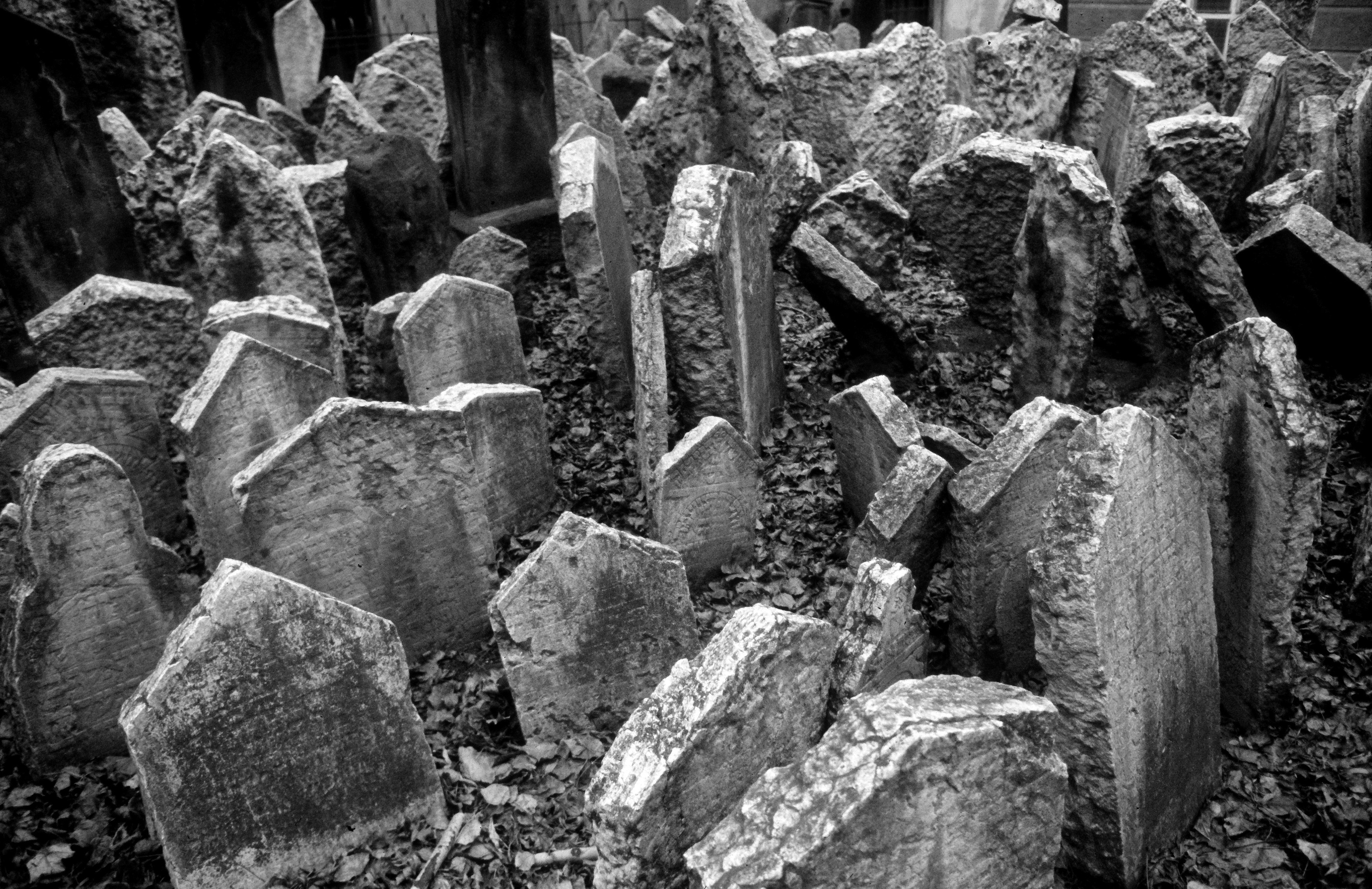 A dense collection of old, weathered tombstones in a cemetery.