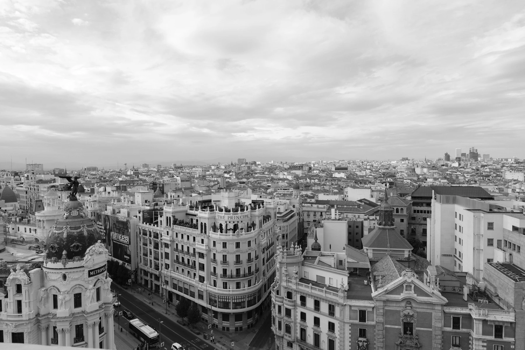 Madrid's historic centre and Gran Vía seen across the city rooftops
