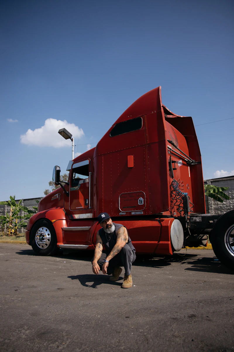 Mechanic crouched in front of a red semi truck performing inspection