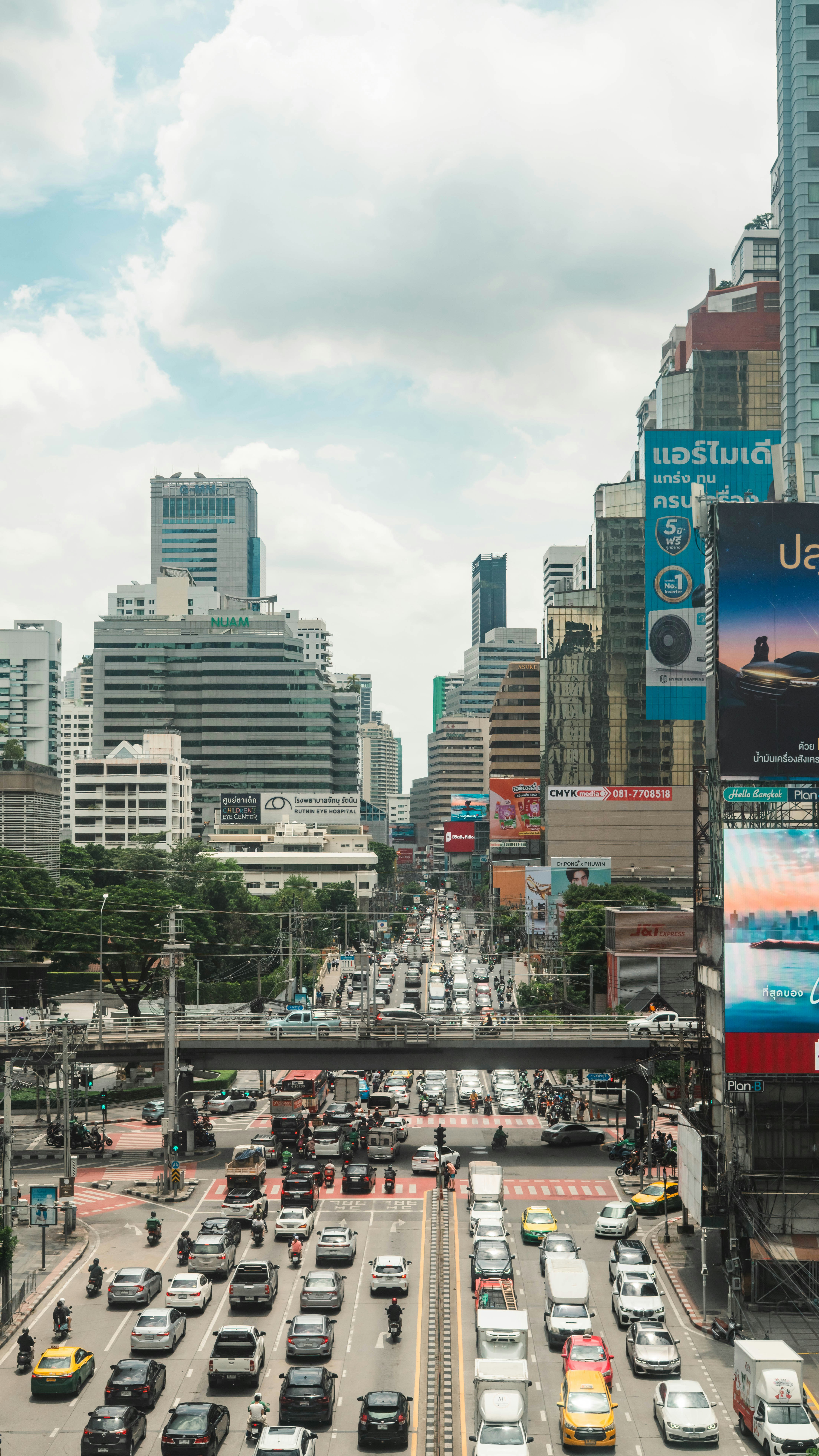 Busy city street with traffic and skyscrapers