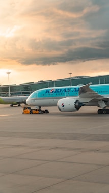 Korean air airplane at the airport during sunset