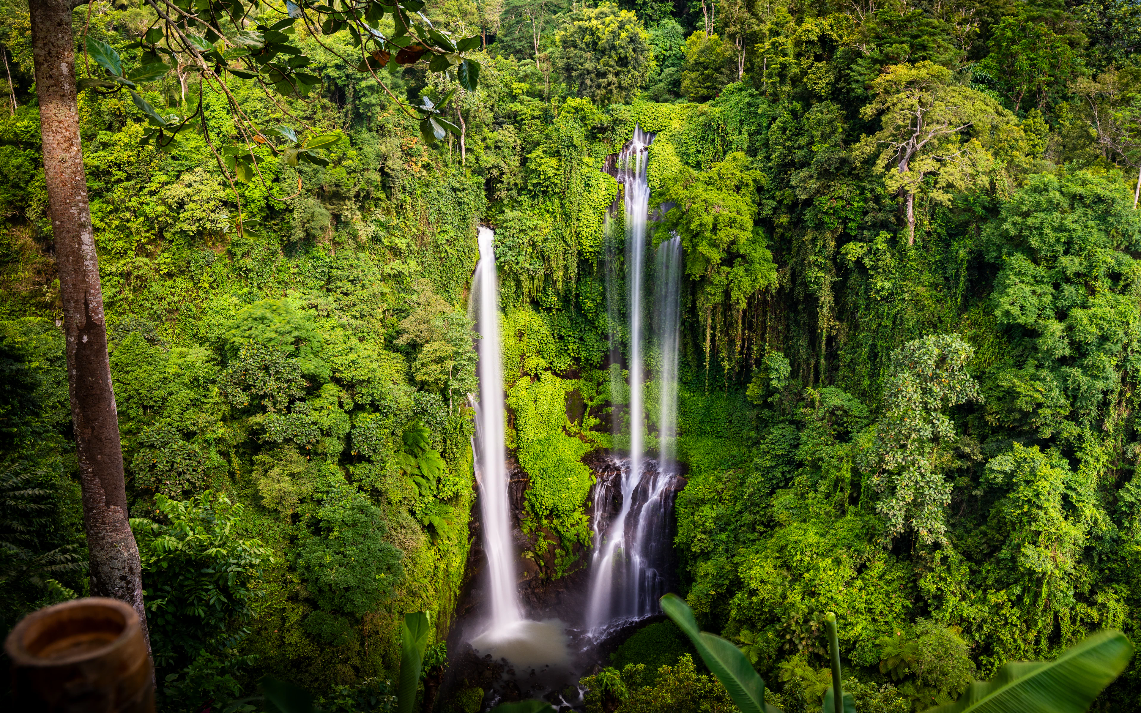 Twin waterfalls dropping in long white ribbons into a deep, dense green jungle gorge in northern Bali, seen from a viewpoint across the valley.