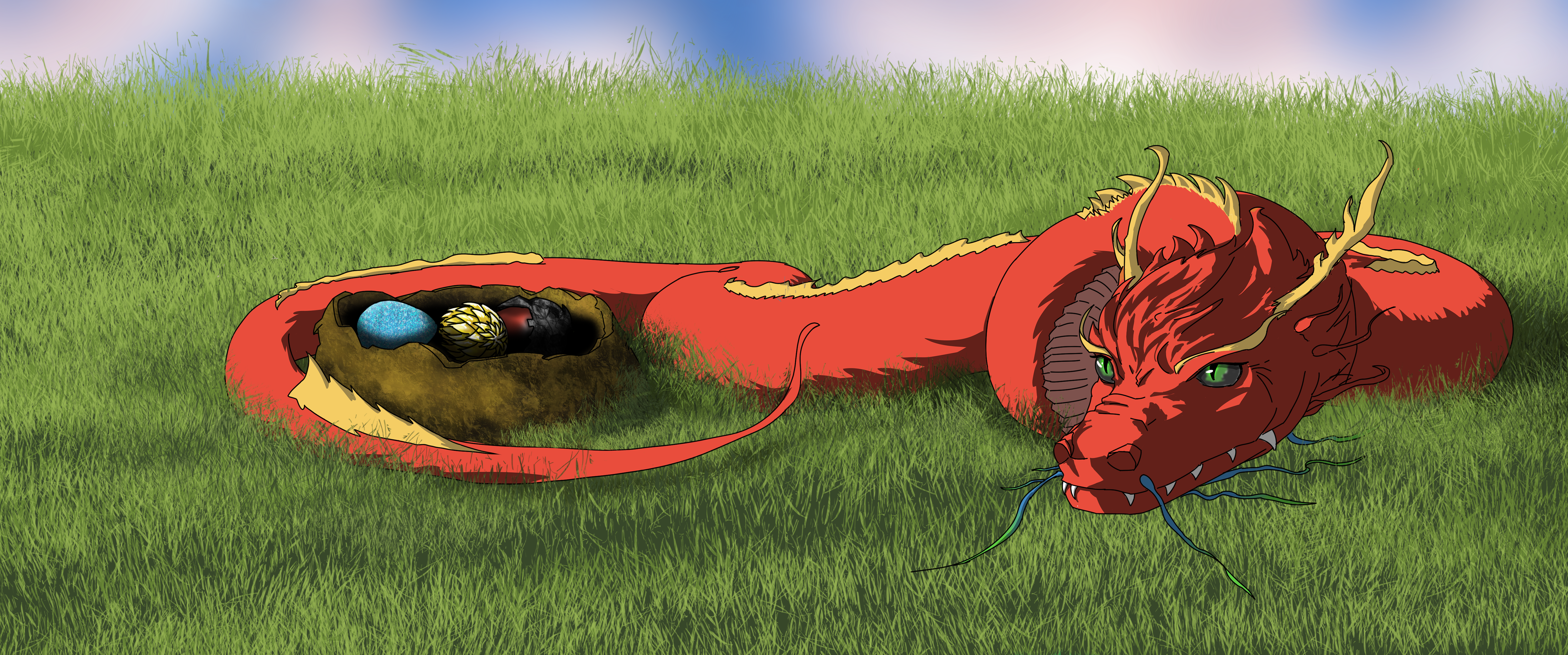 A red dragon resting in a grassy field, protecting its eggs in a nest.