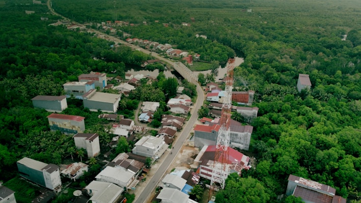 Aerial view of a village nestled among lush green trees.