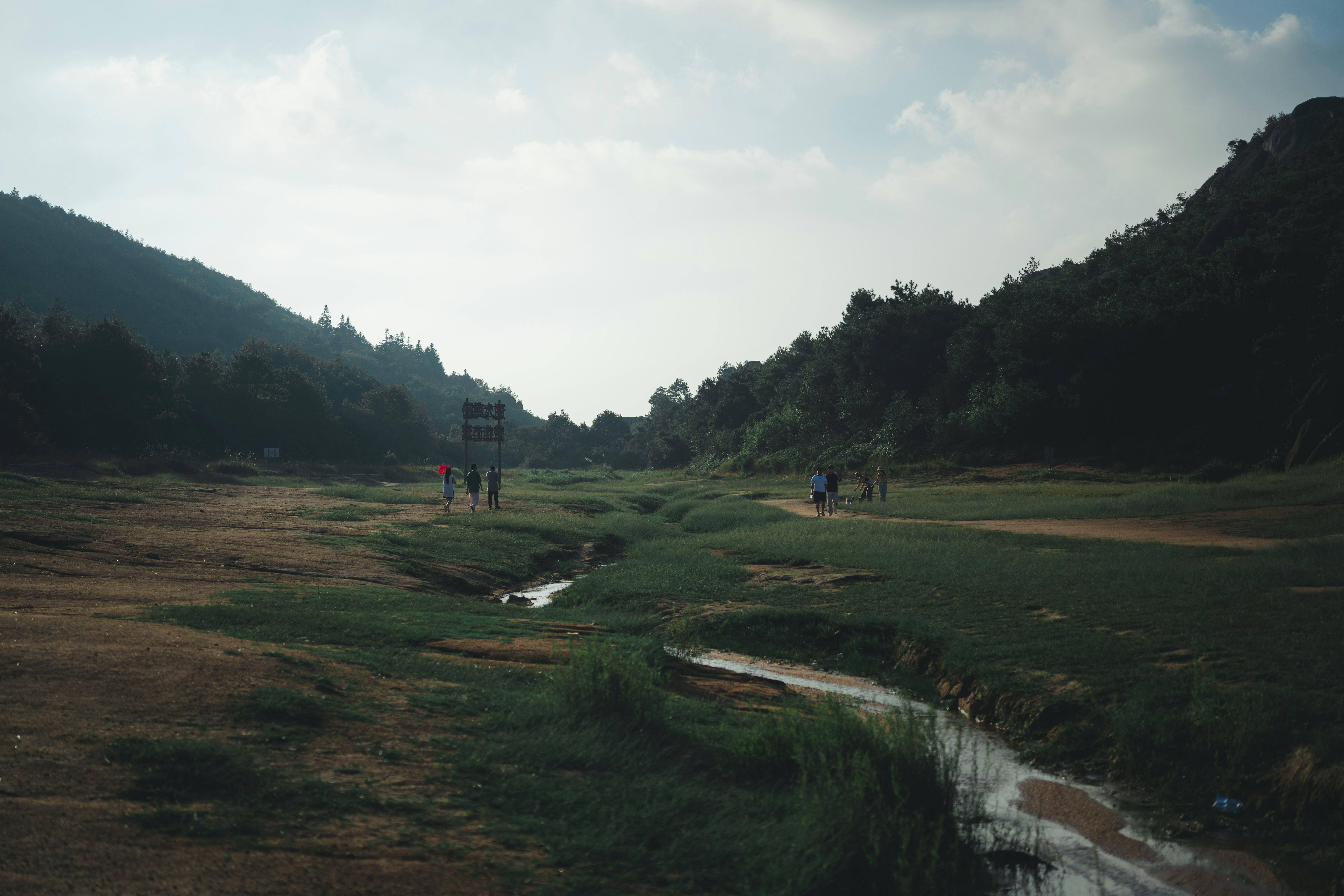 A narrow stream flows through a grassy valley.