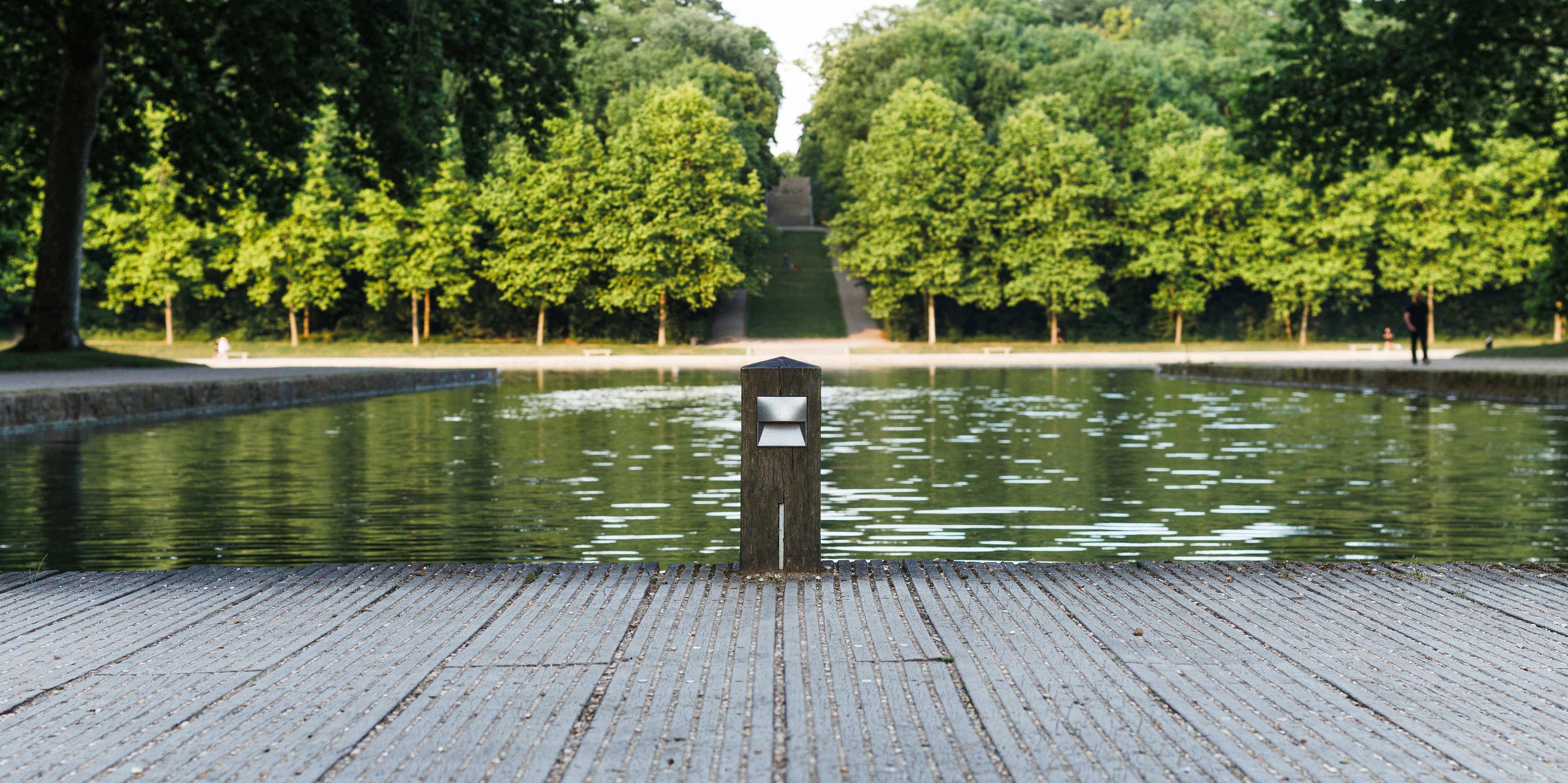 Pond with trees and a pathway in the background