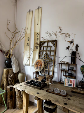 Rustic table with tea set and traditional decor