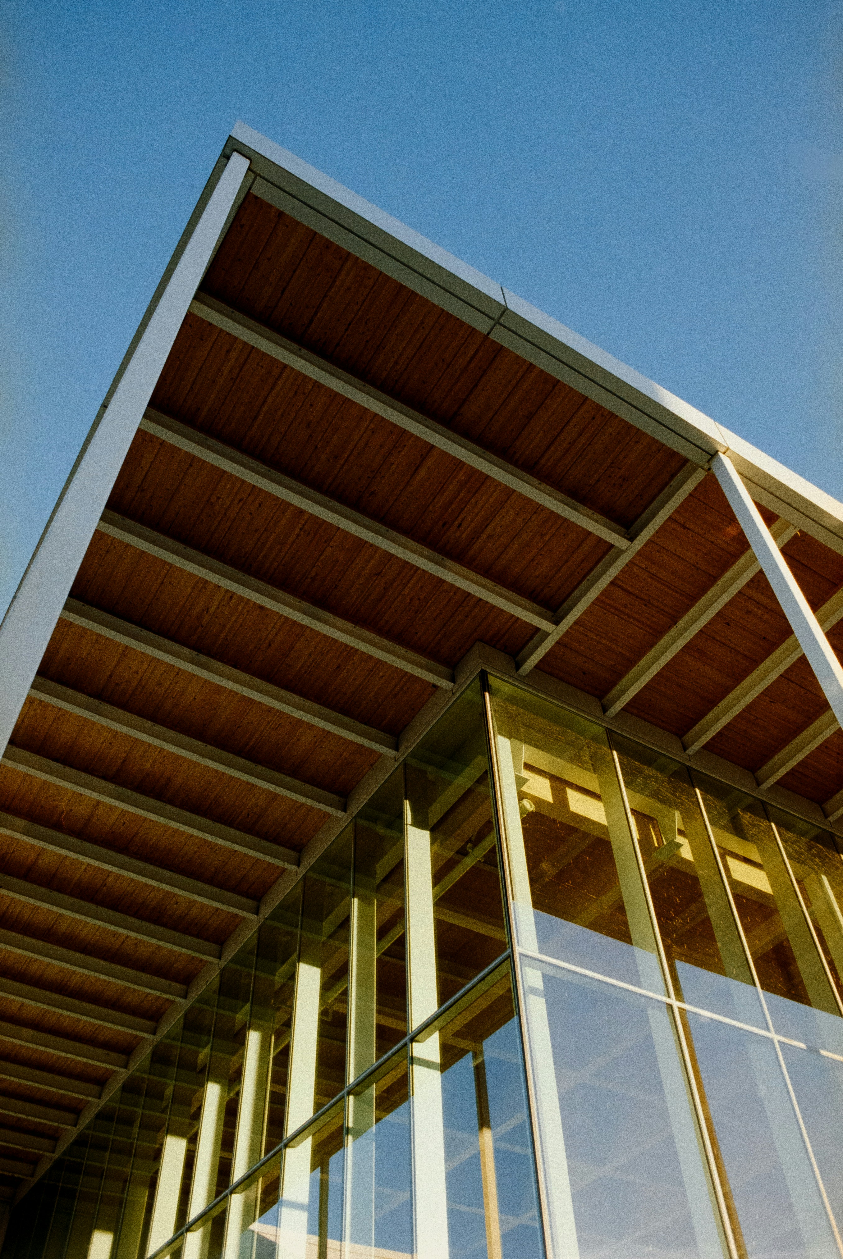 Bâtiment moderne avec murs en verre et plafond en bois