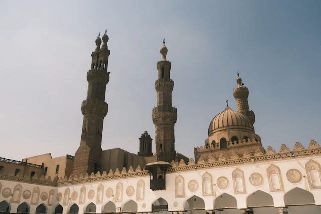 Al-Azhar Park's green lawns sloping toward the Cairo skyline at golden hour, with visitors relaxing on the grass.