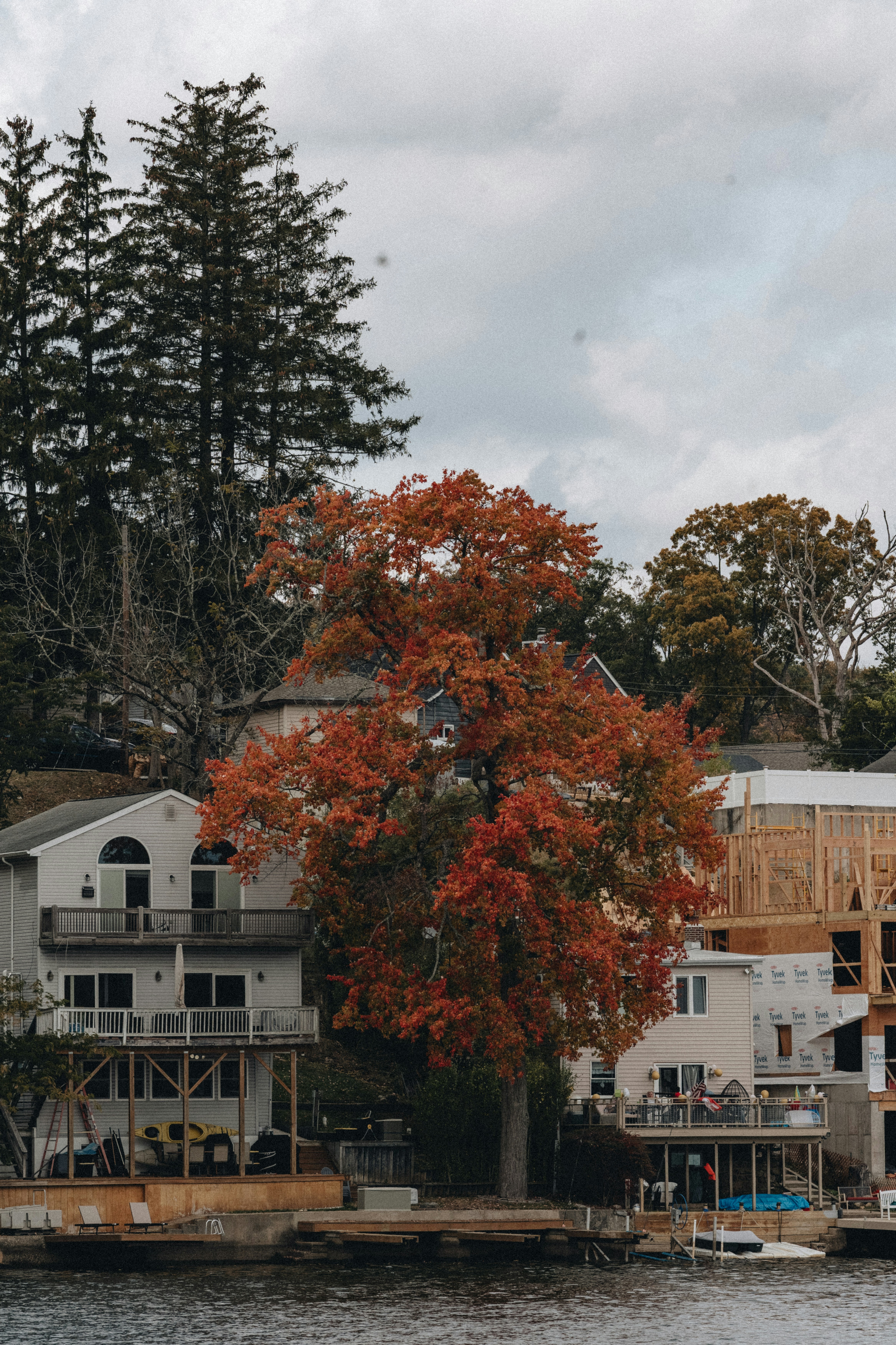 Houses and trees line a waterfront under cloudy skies.