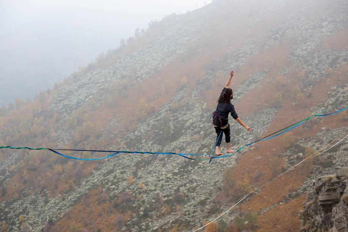 Slackline setup outdoors with nature background