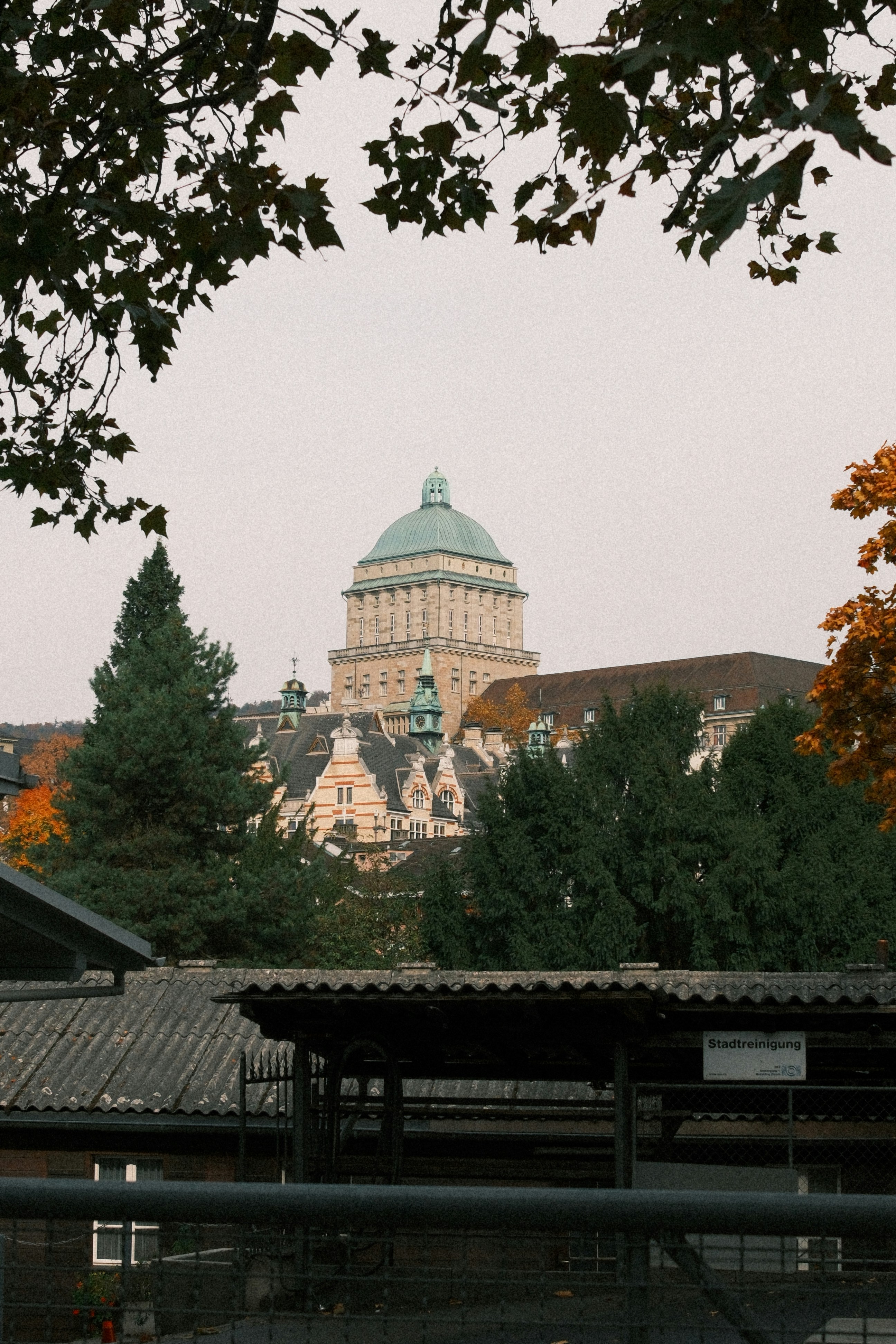 Grand building with a dome surrounded by trees.