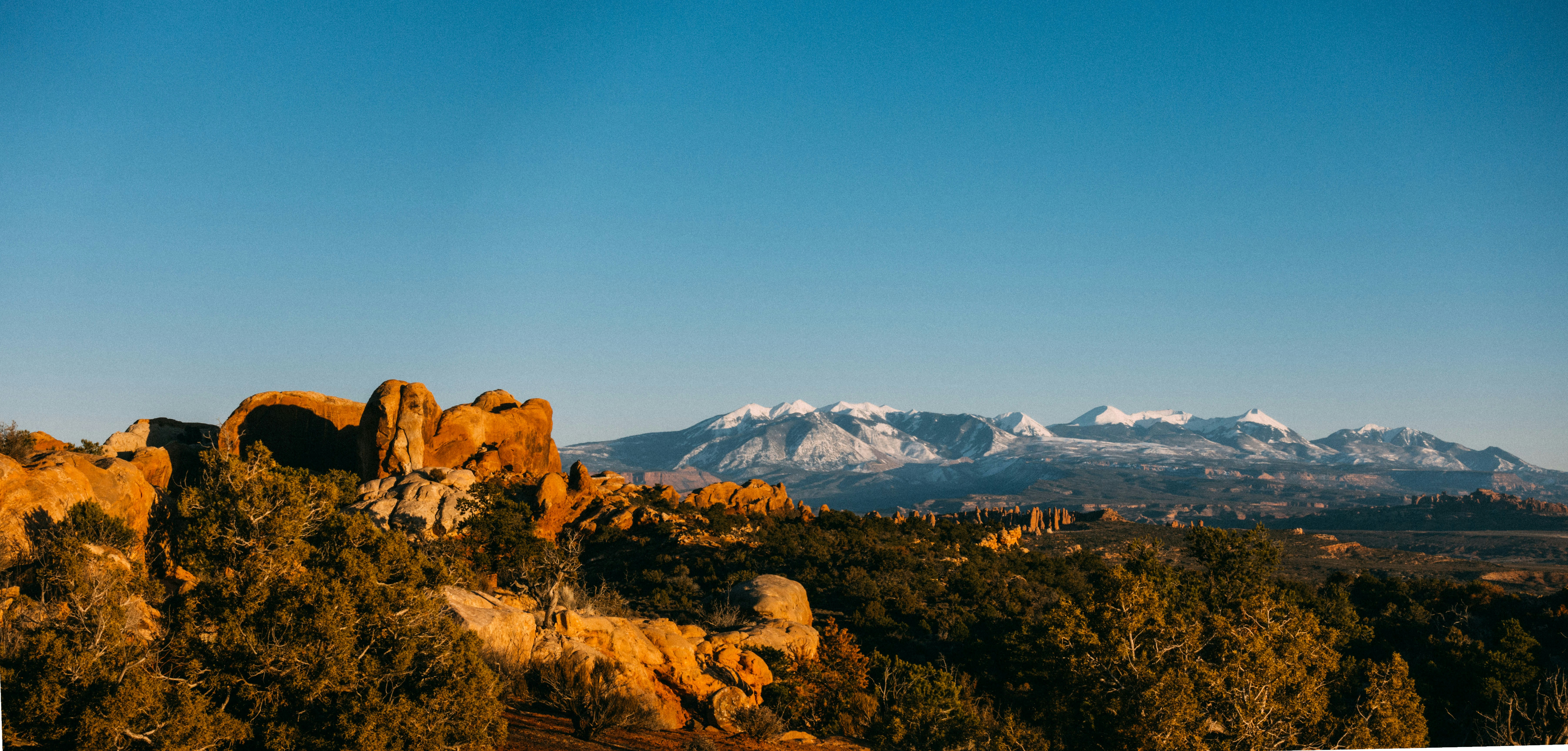 Rocky desert landscape with snow-capped mountains in distance