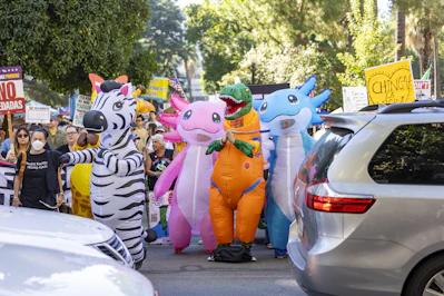 People in inflatable animal costumes at a protest.