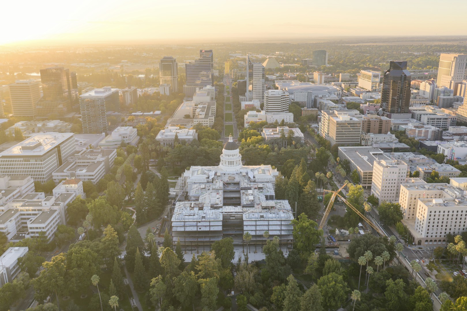 Aerial view of Sacramento Capitol building at sunrise