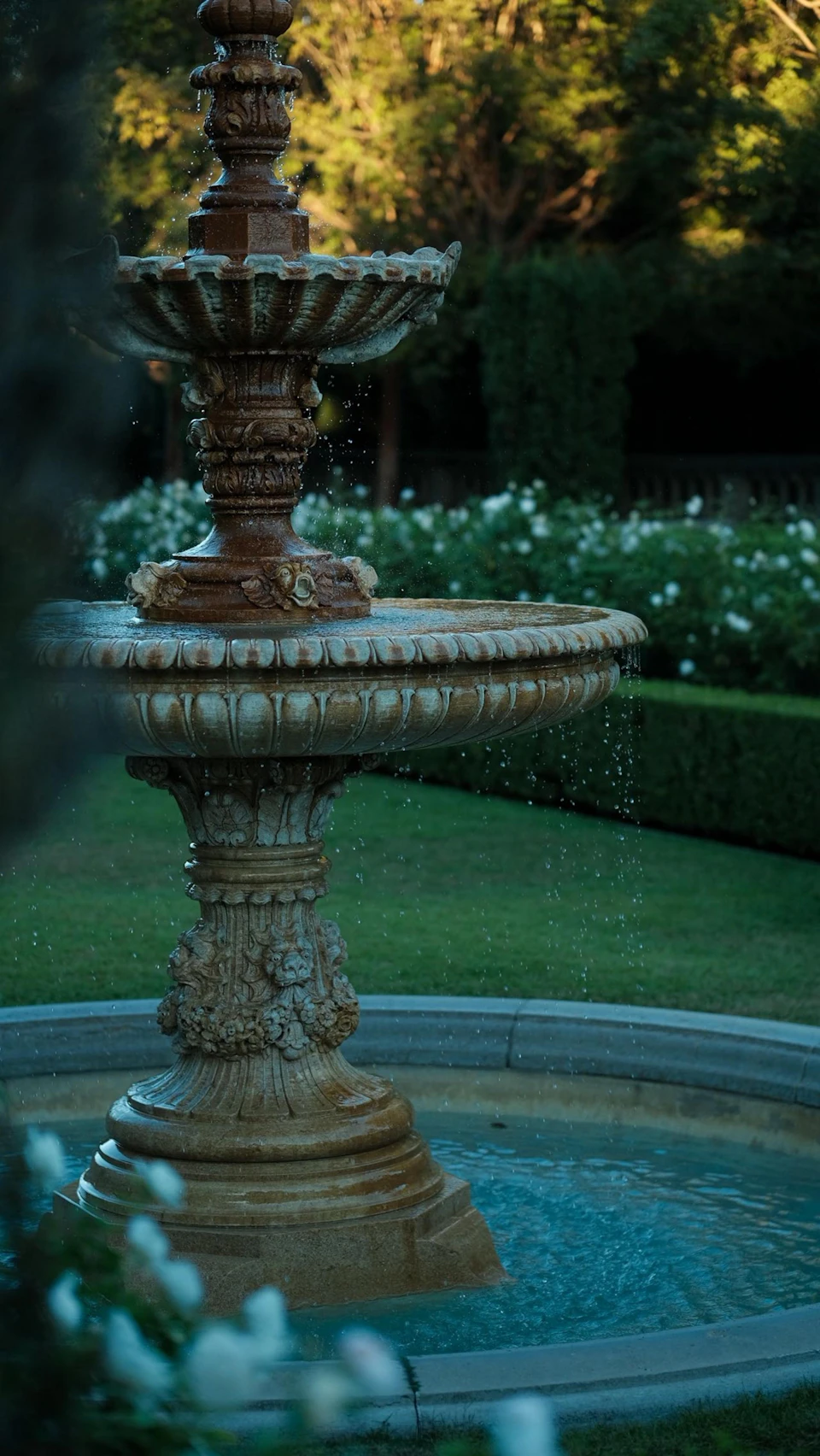 Serene garden scene features stone fountain with intricate carvings and spraying water outdoors