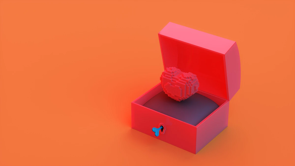 Red gift box with a heart inside on a coral background