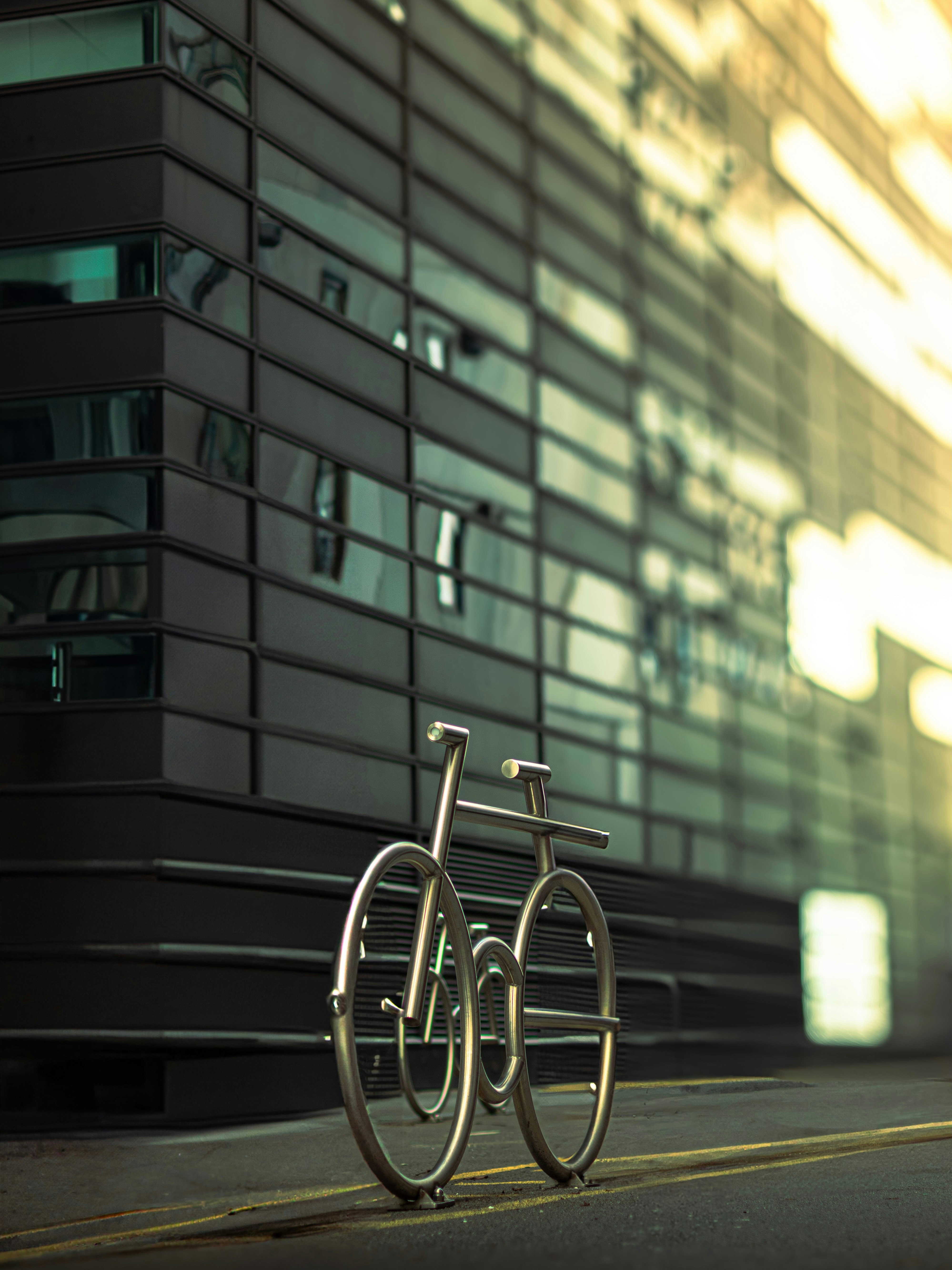 Modern building with a metal bicycle rack