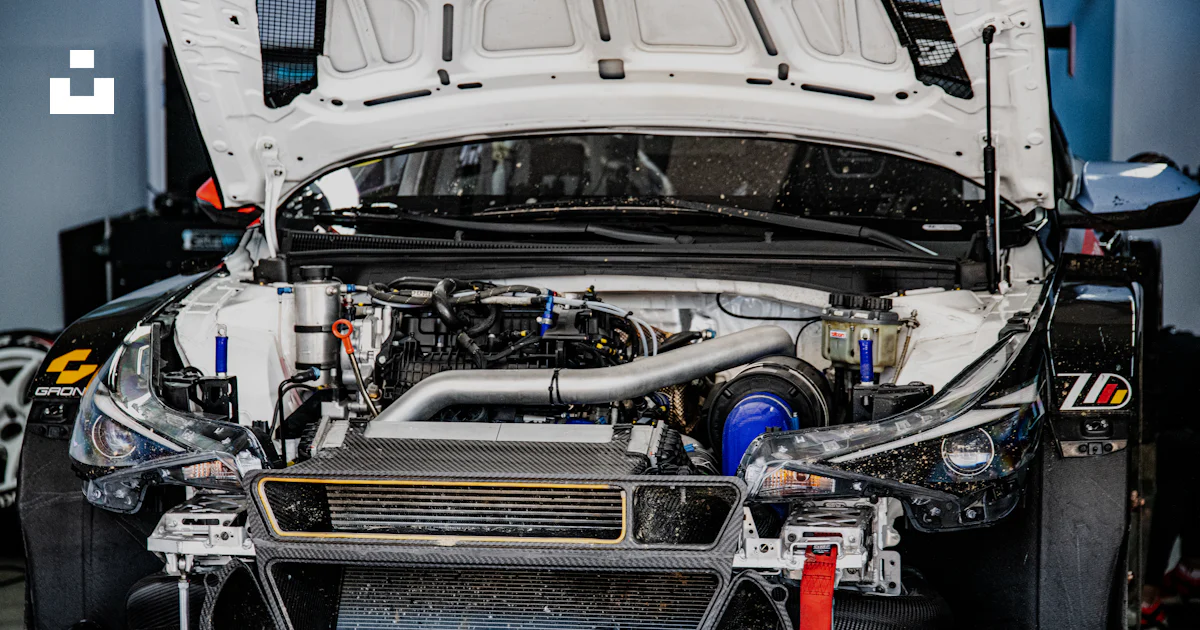 Front Engine Racing Acr White race car engine compartment with hood open photo – Free Mechanic ...
