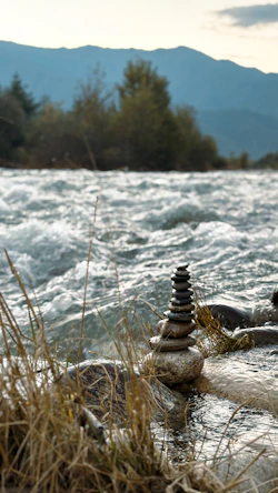 Stacked stones on a riverbank with mountains behind