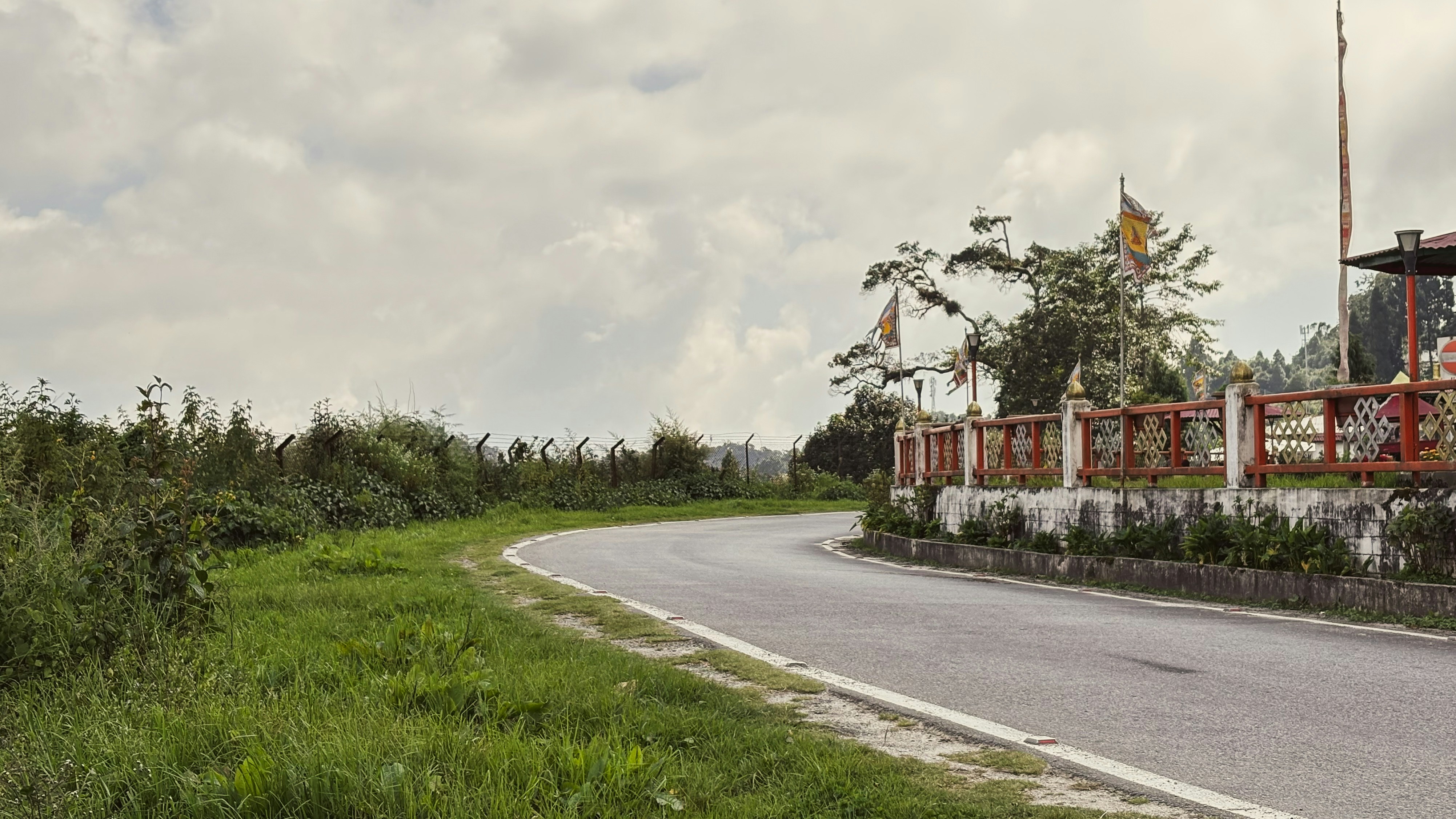Winding road through green landscape with prayer flags.
