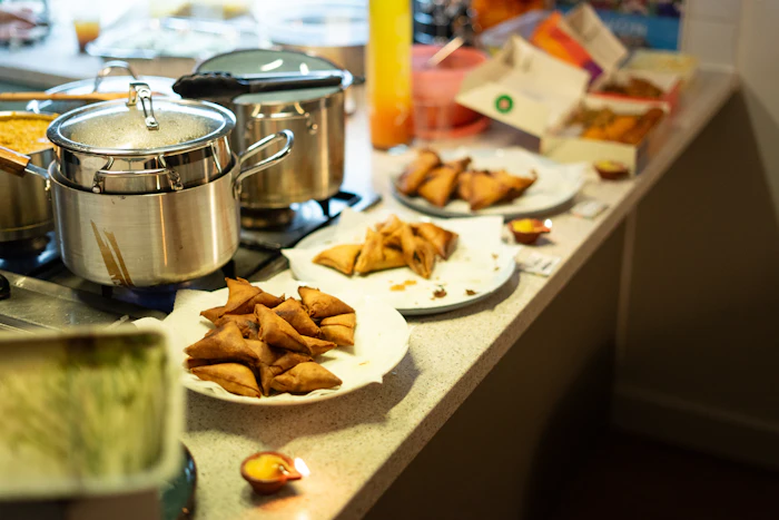 Small plates set out on a counter