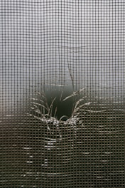 A torn window screen with a hole in it