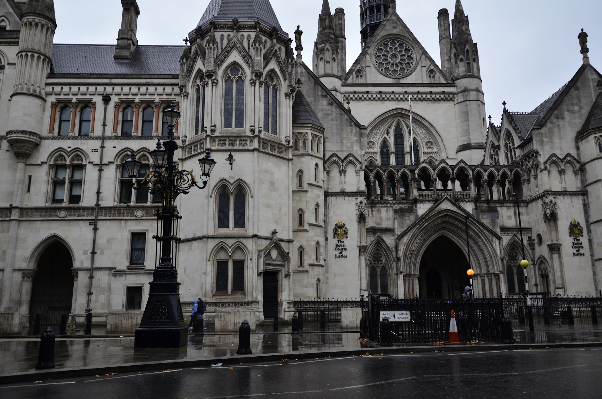 Grand gothic building on a rainy day