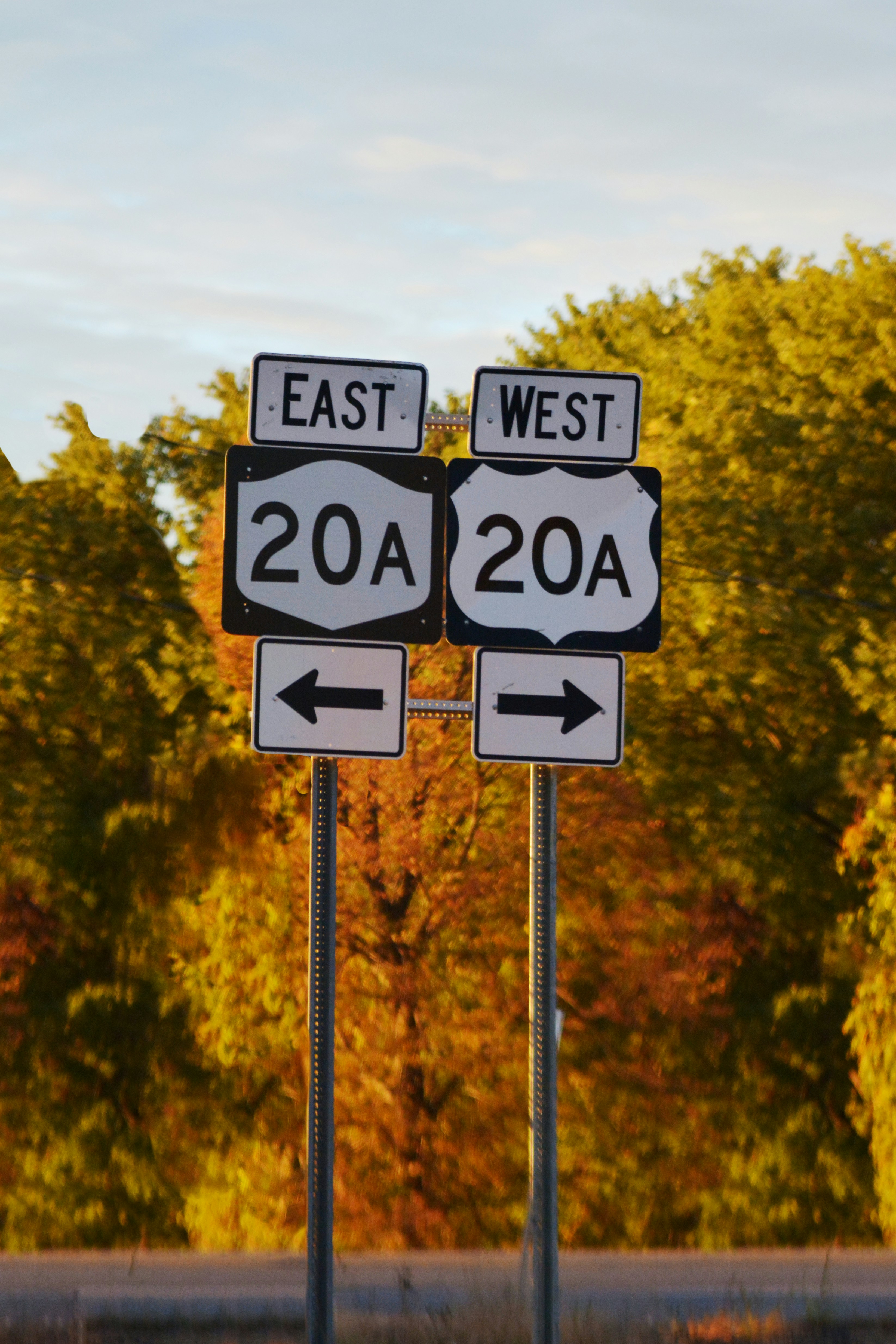 Route 20a signs point east and west