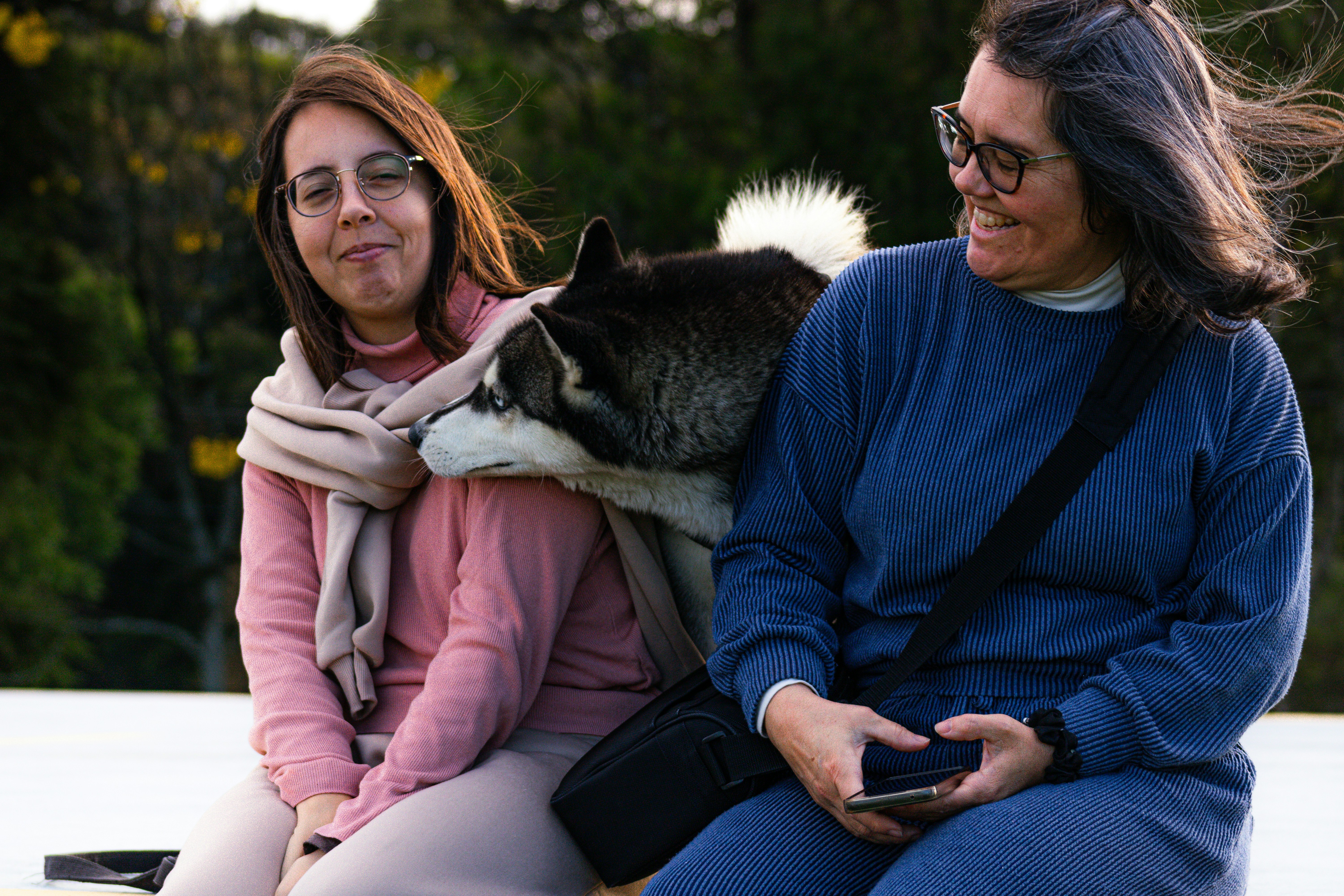 Two women and a dog sit together outdoors.
