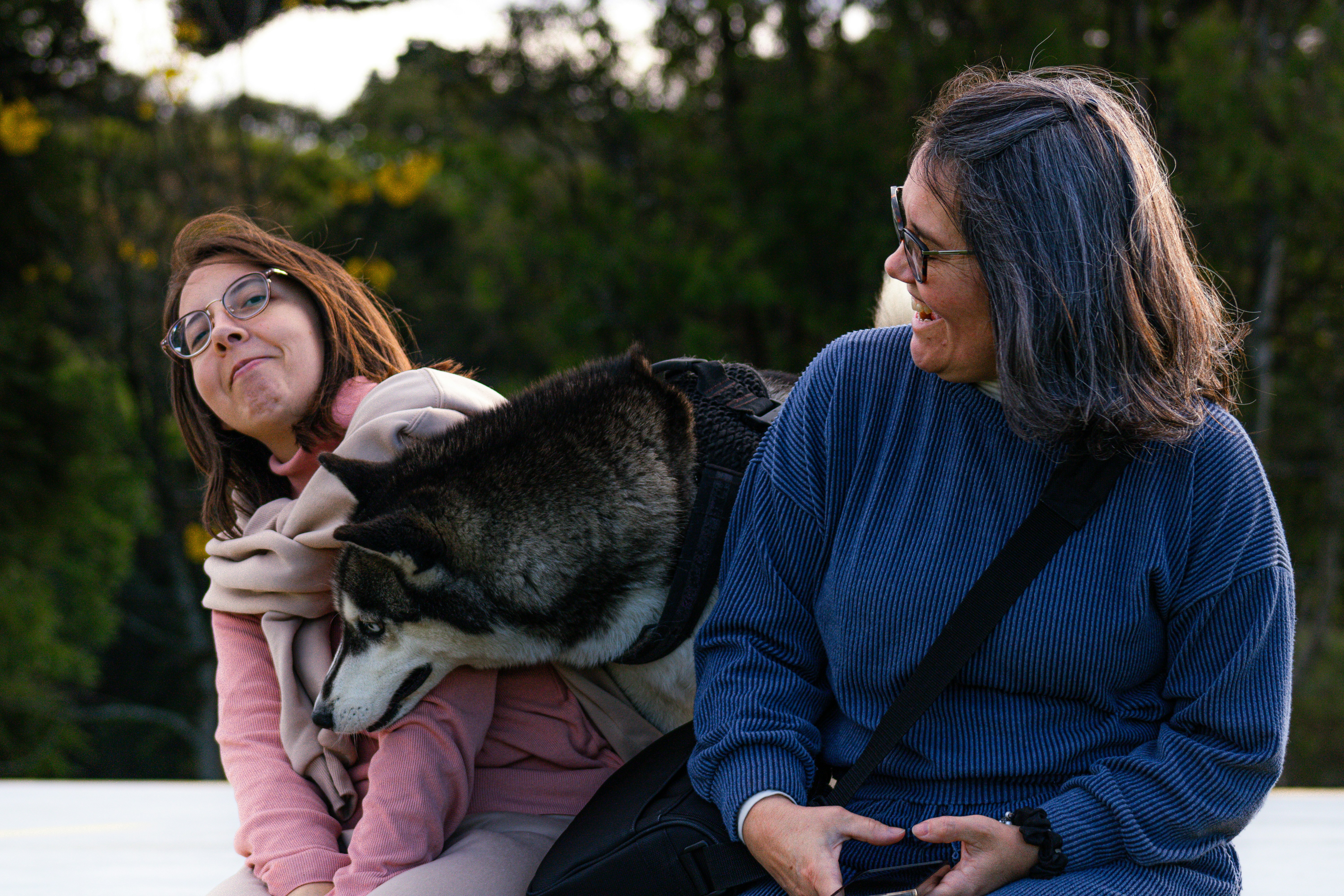 Two women and a husky dog outdoors