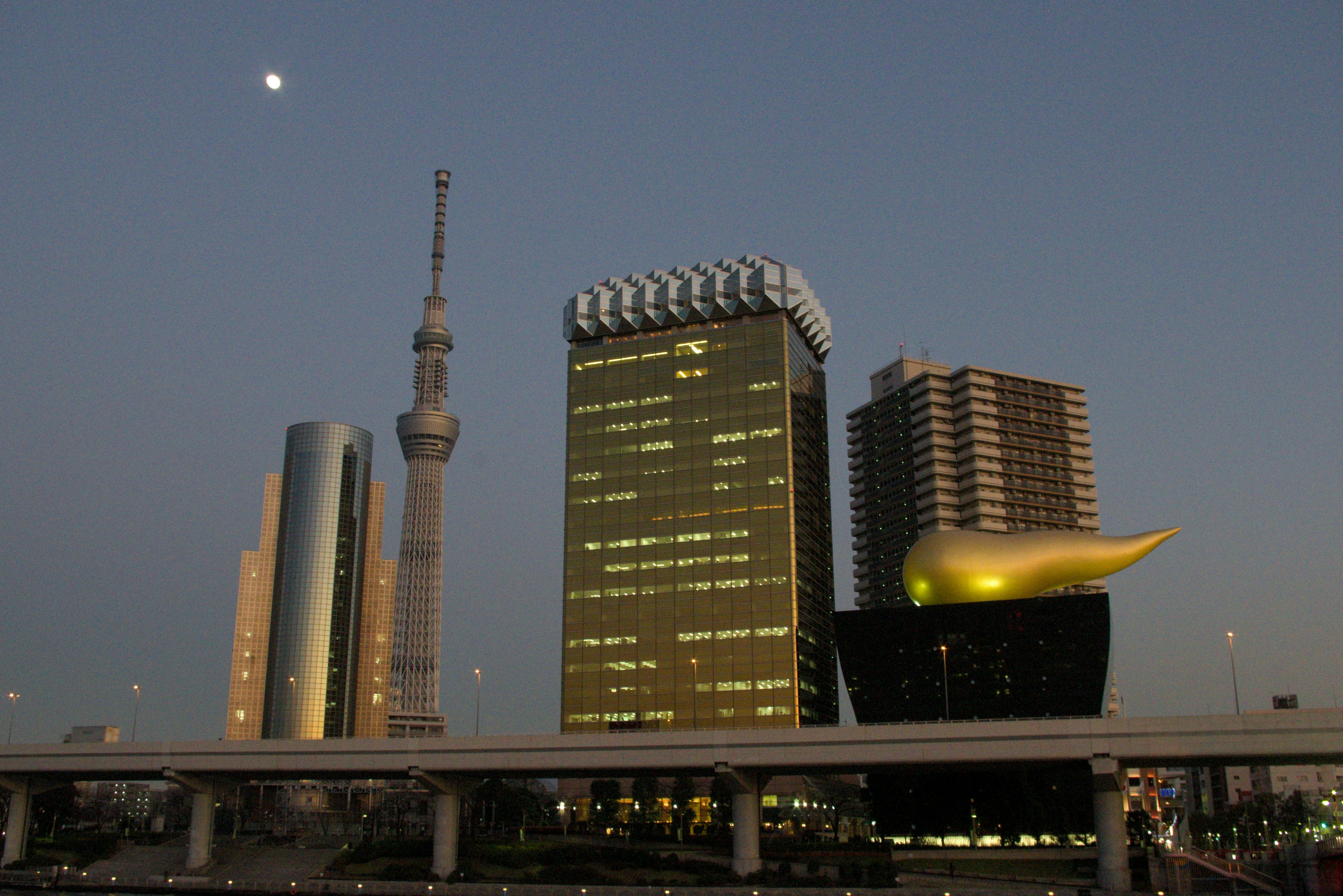 City skyline with tall buildings and a moon.