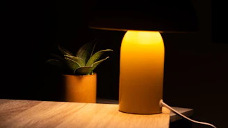 A yellow lamp and potted plant on a table