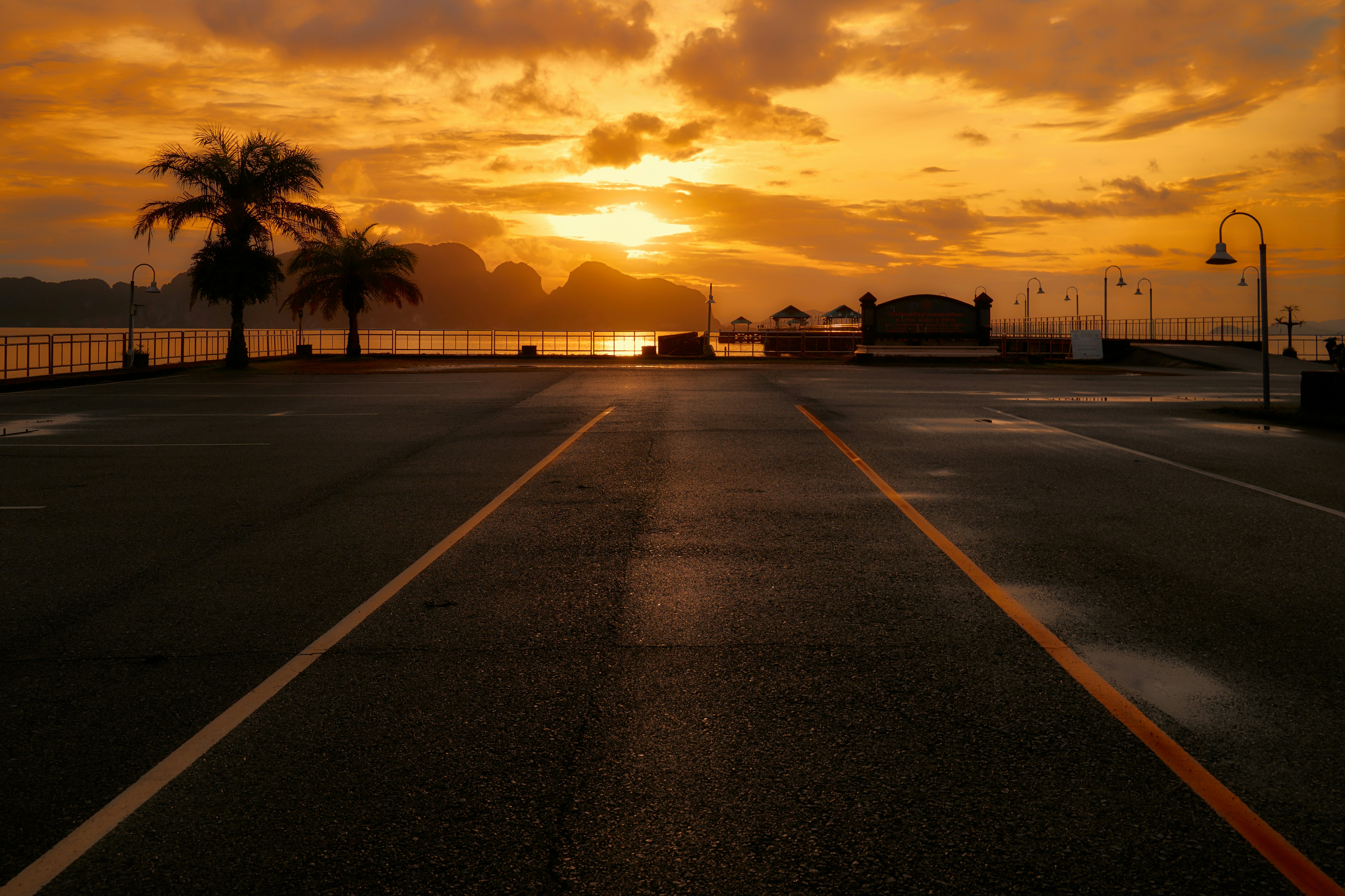 Road leading to a pier at sunset with palm trees.