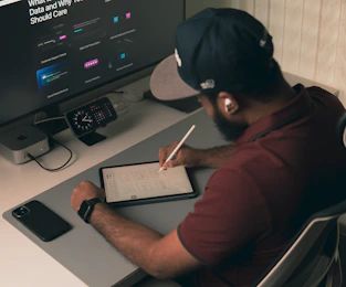 Man working at a desk with computer and tablet