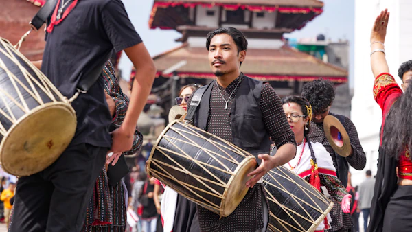 Musicians playing traditional drums at a cultural festival